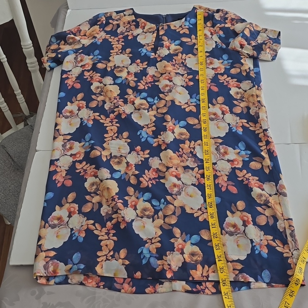 J. Crew 100% Silk Antique Floral Short Sleeve Shift Dress Blue Lined Size 10 - Picture 12 of 15